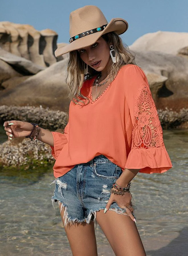 Take Two Women's Solid V Neck Flare Sleeve with Embroidery Detail Top